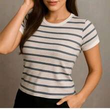 Babe Look Striped Round Neck Basic T-Shirt Premium  Summer Fashion - Grey - View 3