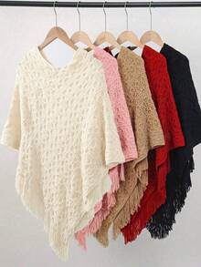 1pc Solid Color Hollow Out Bat Wing Tasseled Knit Poncho For Dress