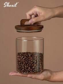 shoxil 1Pc Coffee-Specific Storage Jar, Sealed Bottle & Sealed Jar, Food Storage Box, American-Style Coffee Bean Jar, Tea, Spice & Grain Storage Jar With Wooden Lid Handle, Storage Bottle, Retro Food Display Jar, Moisture-Proof Sealed Storage Jar, Suitable For Saudi National Day Use, Pour-Over Coffee Enthusiasts, Kitchen Storage And Home Organization - Brown - View 6