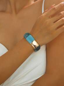 1pc Retro Tie Dye Acrylic Elastic Bracelet, Vibrant, Elegant, Personalized, Wide Face Bohemian Style Bangle, Suitable For Daily, Casual, Holiday Wear For Women (Color And Pattern May Vary)