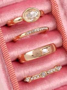 Bộ 4 chiếc nhẫn hợp kim mạ vàng đính đá Rhinestone sang trọng, thời trang, cao cấp, đa năng, thanh lịch, thích hợp làm quà tặng cho bạn gái, nhẫn cưới/nhẫn đính hôn - Nhiều màu - Xem 3