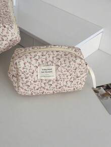 All-Over Floral Corduroy Makeup Bag, Floral Printed Fabric Zipper Pouch, Cute Countryside Style Toiletry Organizer For Daily Use, Home Or Travel Make Up Bag - Pink - View 12