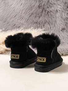 儿童保暖内衬冬季鞋，2025冬季新款女童毛绒户外雪地靴，幼儿保暖防滑平底踝靴 - 黑色 - 查看 4