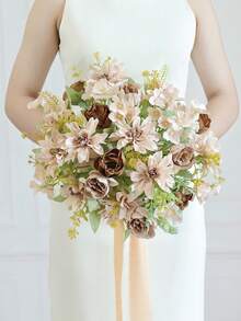 1/3/5PCS Artificial Peony Flowers 6-Head Silk Hydrangea Hibiscus Rose Bouquet For Wedding Decoration, Bride Holding Wrist Flower Material DIY Wreath Vase For Home, Outdoor Garden Decoration, Valentine's Day Gift, New Year Decoration - Brown - View 4