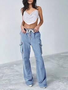 Women's Drawstring Waist Cargo Jeans - Straight Leg Denim Pants With Utility Pockets, Streetwear Comfortable Jogger Pants For Women Urban Fashion ﻿