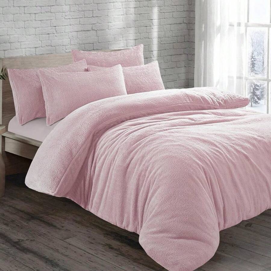 Teddy Fleece Bedding Set Cosy Duvet Cover With Matching Pillowcase In Single,Double,King And Super King Sizes Bed - Pink - View 1
