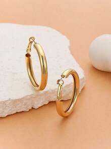 1pair Ladies' Gold-Color Circle Tube C Shape Hoop Earrings - Vàng - Xem 4
