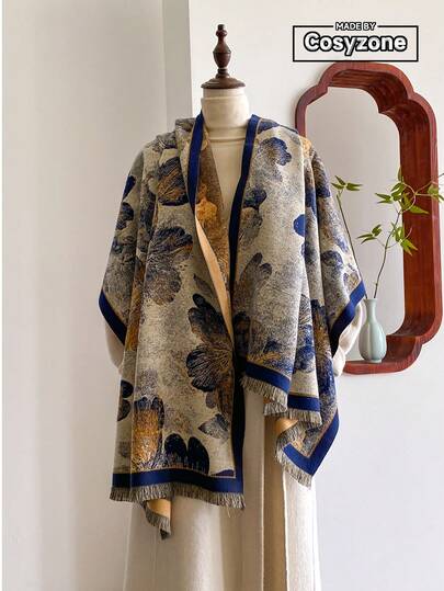 1pc Elegant Floral Pattern Jacquard Faux Cashmere Warm Scarf For Women, Versatile Neck Warmer Shawl Suitable For Air-Conditioned Rooms, Autumn/Winter