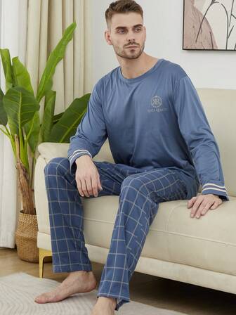 2-delat set med herrsovkläder, långärmad topp och byxor, andningsbar och fukttransporterande, vår/höst/vinter