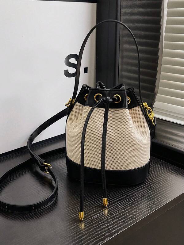 1pc Women's Bucket Bag, Fashionable Casual Straw Woven Shoulder Crossbody Bag, Drawstring Closure Small Handbag