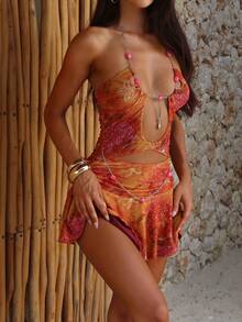 Women Cut Out Mini Dress Tie Dye Halter Neck Ruffle Short Dresses Floral Print Bodycon Beach Sundress - Orange - View 4