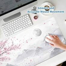 Mousepad extra grande com estampa de montanha nevada e flor de cerejeira, lavável, base de borracha antiderrapante, borda costurada, ideal para presentear, protetor de mesa, apoio para estudos, diversos tamanhos disponíveis, apoio para teclado de computador, apoio para laptop, acessório de escritório, material de escritório