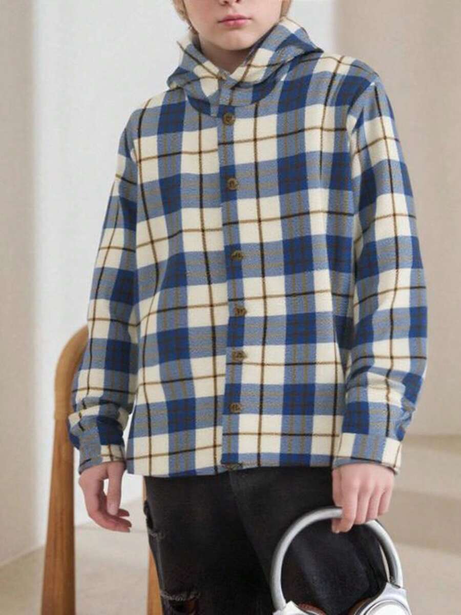 CHAMARRA DE  CUADROS NIÑO , CON GORRO , MANGA LARGA CON PUÑO , TELA GRUESA Y SUAVE  BOTONES AL FRENTE - Azul y blanco - Ver 1