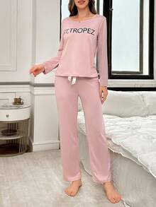 Pink Letter Graphic Long Sleeve Top & Pants Pajama Set For Women, Fall & Winter Clothes