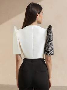 Amyenjoylife Modern Filipino Style Summer Women's Elegant Fashionable Personality Patchwork Puff Sleeve Cardigan Shawl Top, White Blouse - White - View 2