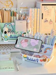 1pc Large Capacity Cute Desk Storage Box, Comes With Random Pattern DIY Stickers For Decoration. Made Of High-Quality Materials, Durable And Suitable For Stationery Storage, Pen Holder, Desk Organization And More. Creative Cartoon Design, Instagram-Inspired Style, Ideal For Girls, Students, Office Workers, Back-To-School Season, Birthday Gift Or Daily Study. - White - View 7