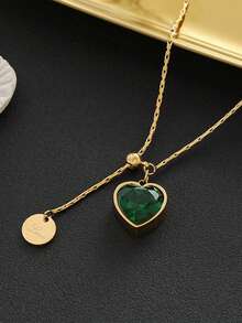 1pc Stainless Steel Emerald Diamond Heart Titanium Steel Necklace For Women, Minimalist Design, Adjustable Choker Necklace, Suitable For Daily Wear And Holiday Gifts
