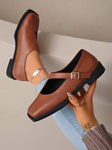 2025新款时尚女士珍珠漆皮复古方头玛丽珍平底鞋，百搭春秋乐福鞋，2025新款热销女士平底鞋 - 棕色 - 查看 1
