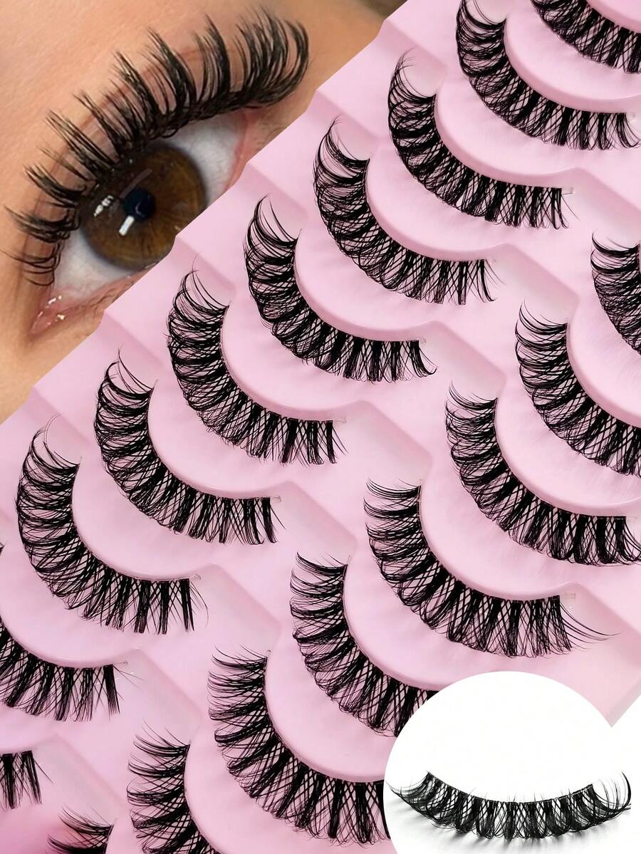 Rikuaild 10 Pairs Full Set False Eyelashes, Russian Style Strip Lashes, D Curl Transparent Band Lashes, Thick & Fluffy Natural Look Lashes, Volumizing Lashes, Travel Makeup Essential, Reusable, Thick & Voluminous Lash Makeup - 俄羅斯條狀假睫毛 - 查看 1