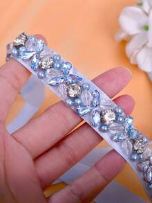 1pc Fashionable Minimalist Wedding Dress Belt, Handmade Banquet Dress Waist Decor, Suitable For Daily Wear And Important Festivals, Light Blue Crystal - Light Blue Ribbon - View 9