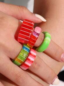 5pcs/Set Red & Green Striped Jelly Rings, Christmas Color Dopamine Ring Set, Everyday & Holiday Stacking Jewelry For Women, Autumn/Winter