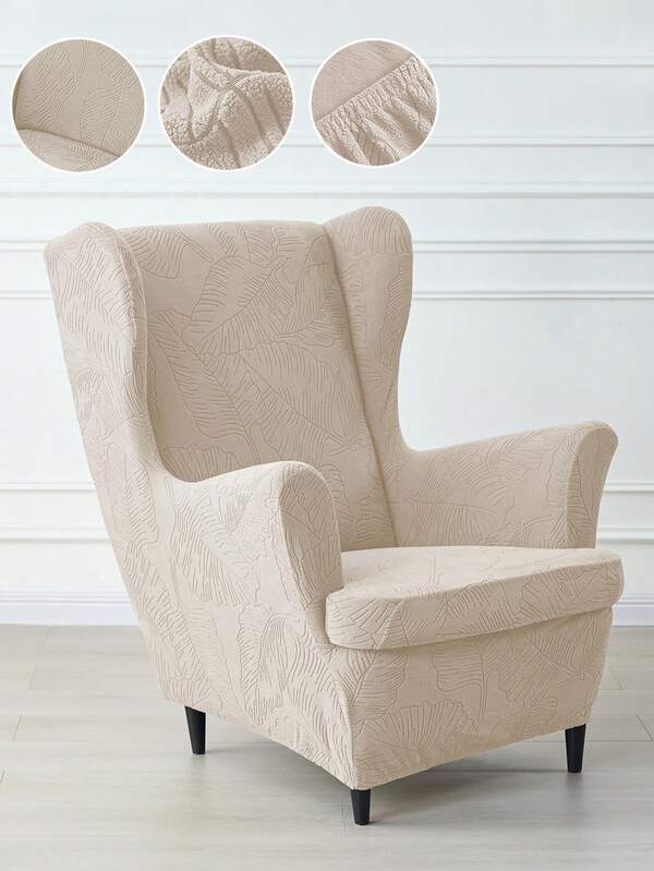 Housse de fauteuil à oreilles en jacquard, couleur unie, avec coussin de siège, élastique, pour la maison, 2 pièces