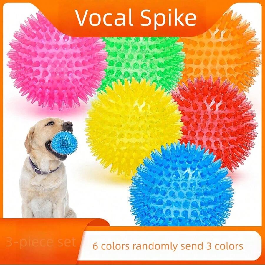 Set de 3 pelotas de juguete para perros resistentes al agua, con picos de TPR y que chirrían (colores aleatorios)