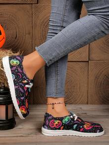 Round Toe Contrast Color Slip-On Halloween Ghost Pumpkin Bat Funny Element Fashion Versatile Lightweight Party Women Cartoon Canvas Shoes - Black - View 6