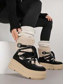 系带厚底皮毛边雪地靴 - 黑色 - 查看 2