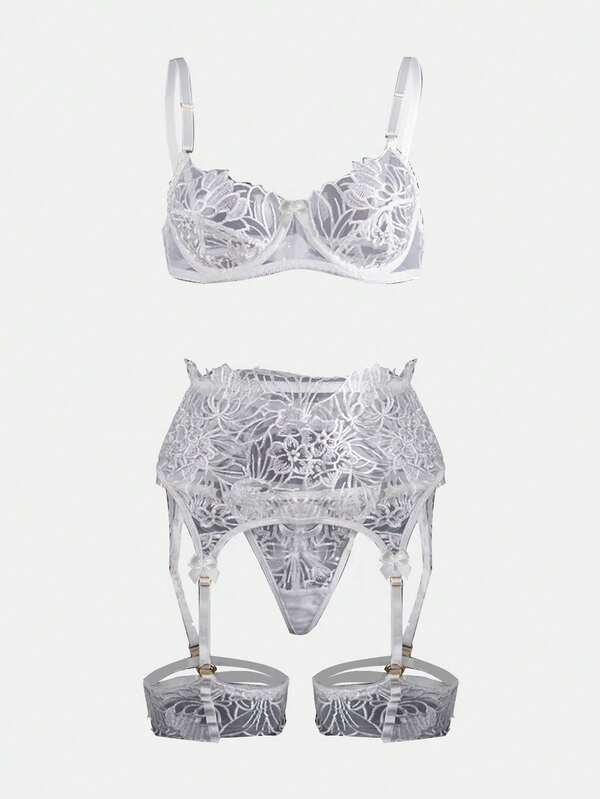 Conjunto de lencería sexy para mujer con sujetador con soporte de acero, faja portaligas y bordado de flores, set de 3 piezas