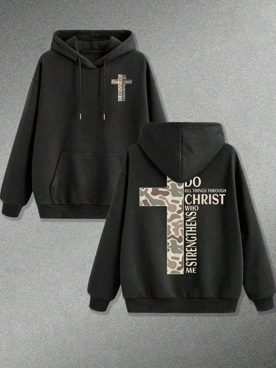 Ropa De Invierno Mujer 310g Men's Pocket Hoodie, Front Camouflage Cross Small Logo, Back Scripture Camouflage Cross, Religious Outdoor Style, Autumn And Winter Casual Top. Sweatshirts For Men - 黑色 - 查看 1