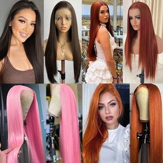 优质灰金色直发合成假发 - 13x4 透明蕾丝前部，预拔，深色发根，全发尾，适合女性