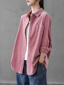 Women's Spring/Fall New Retro Corduroy Shirt Jacket - Collared Long-Sleeve Button-Front, Lightweight Woven Fabric, Pockets, Regular Length, Versatile Pink Casual Outerwear