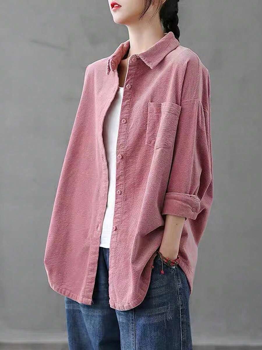 Women's Spring/Fall New Retro Corduroy Shirt Jacket - Collared Long-Sleeve Button-Front, Lightweight Woven Fabric, Pockets, Regular Length, Versatile Pink Casual Outerwear