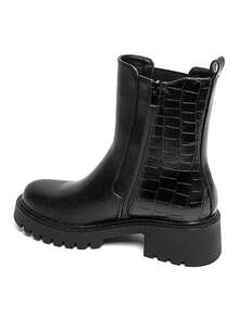 Bottines femme en simili cuir avec effet croco – Talon bloc confortable - الأسود - مشاهدة 4