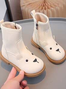 1 Pair White 3D Animal Decor Children's Boots, Boots, Cute Solid Color Stylish Girls/Boys Boots, Quality PU Upper, Comfortable Lining, Thick Sole, Suitable For 3-15 Years Old Girls Students Daily, Party, Autumn/Winter New Arrival