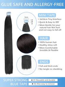 VADES 20 Pieces Halloween Mini Tape-In Hair Extensions Real Human Hair Straight Texture Natural Black Brown 12-20 Inches Real Remy Human Hair Extensions Mini Tape-In Hair Real Human Hair Tape-In Hair Extensions Italian - 01Jet Black - 查看 2