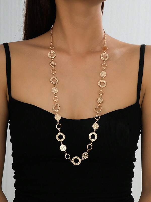 1pc Vintage Elegant Geometric Hollow Hammered Metal Long Necklace, Versatile Fashion Accessory Suitable For Women's Street Style, Dates, Parties, Casual, Vacation
