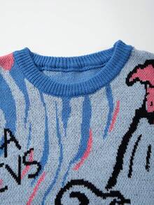 ANDREILEE Áo len dài tay dáng rộng, thoải mái, unisex, phong cách tối giản, màu trơn, họa tiết hoạt hình khảm, thích hợp cho mùa tựu trường và đi làm. - Màu xanh lam - Xem 4