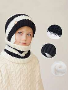 2pcsWinter Color Blocked Thick Warm Knitted Hat Set, Cold Proof Ear Protection Pullover Yarn Hat, Warm Color Blocked Hat Set, Outdoor Cold Proof Ear Protection Pullover Knitted Yarn Hat, Suitable For Boys And Girls - Multicolor - View 2