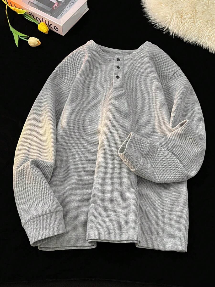 1pc Men Henley Neck Waffle Knit Top, Comfortable Casual, Henley Collar, Easy To Wear, Button Detail, Suitable For Daily Outings, Old Money Style, Fall