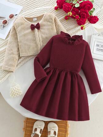 Set de 2 piezas: Chaqueta de felpa de manga larga con decoración de lazo y vestido de manga larga, informal para niñas, adecuado para uso en exteriores en otoño/invierno