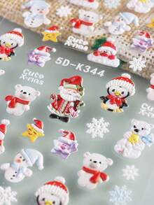 Cartoon Santa Claus Christmas Nail Stickers 5D Cute Elk Penguin Deer Winter Snowflake Snowman Bear Red White Striped Hats Gloves Christmas Design DIY Nail Decorations