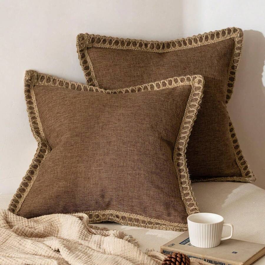 1pc (Pillow Insert Not Included) Linen-Like Rope Trimmed Throw Pillow Cover, Suitable For Living Room, Bedroom, Dining Room, Patio, Wedding Decor, All Season - Coffee - View 1