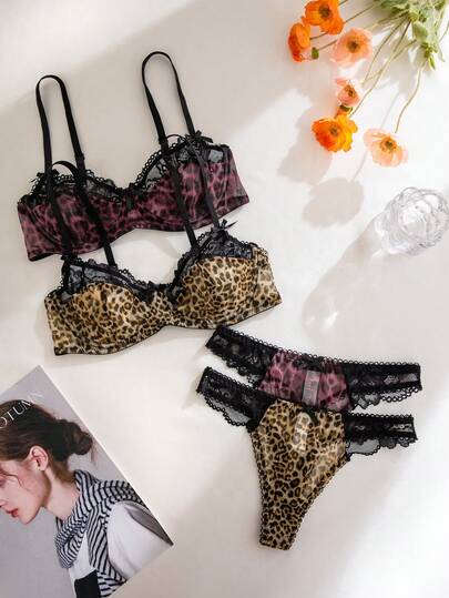 2pcs/Set Women Solid Color Leopard Print Lace Patchwork Underwire Bra & Panty Set, Comfortable Lingerie Set