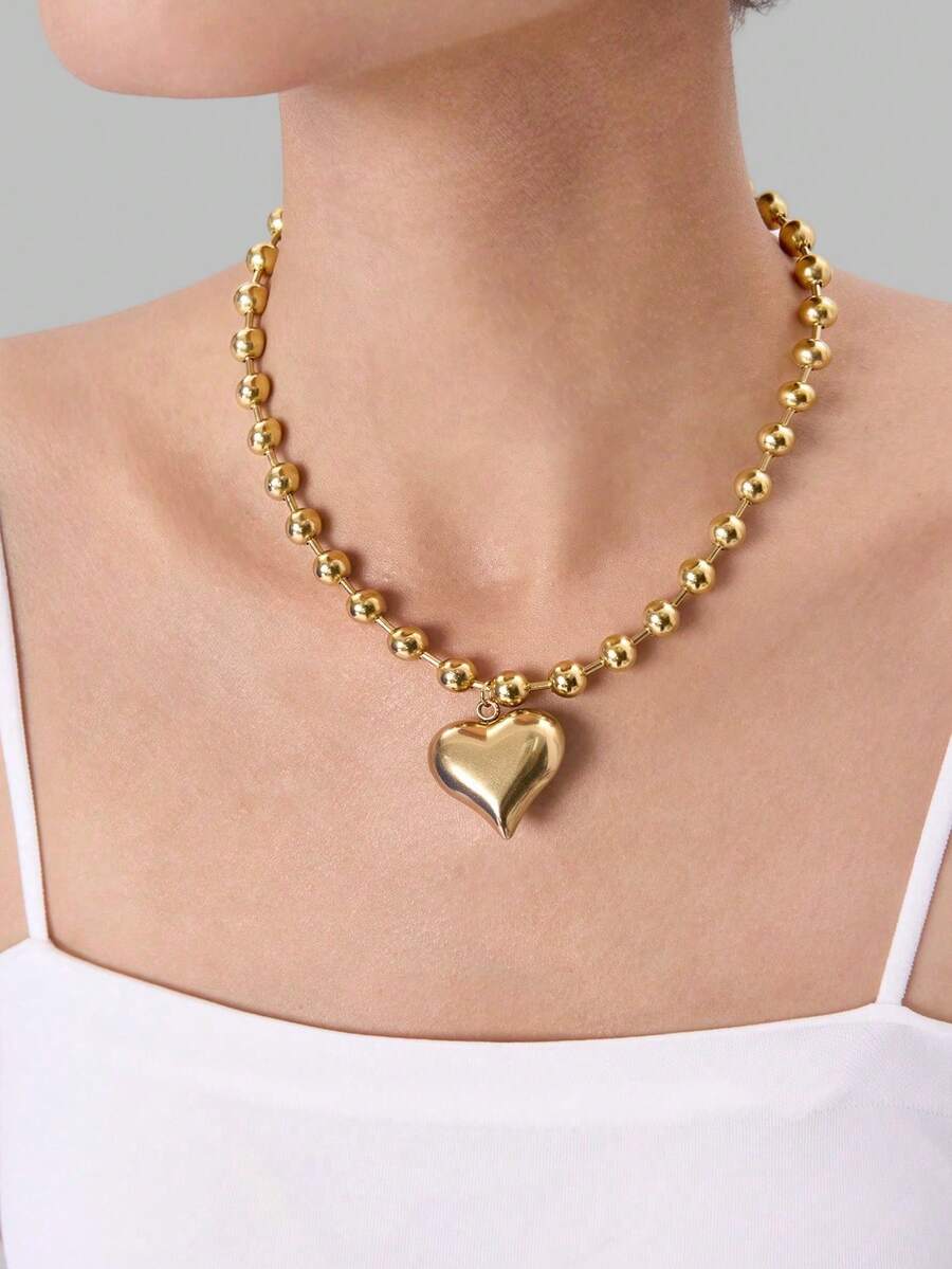 DareSee 1条8毫米不锈钢珠链项链，配大号金色心形吊坠，女士时尚首饰配饰，情人节、妈妈、母亲节礼物，适合音乐节、Y2K音乐节、返校季、秋冬季节等场合。 - 金色 - 查看 1
