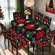 1/4/5/6/7/36 pièces Housse de chaise/Housse de siège à carreaux rouges, verts et noirs avec imprimé flocon de neige blanc, convient pour la maison, le restaurant, l'hôtel, un choix idéal pour la décoration quotidienne moderne. La nappe s'adapte à une table carrée, la housse de chaise élastique est lavable.