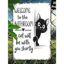 2D flache vintage schwarz-weiße Katzen Wandkunst - "Willkommen im Badezimmer" Lustiges Metallschild - Retro Katzen Design Badezimmer Dekoration - aus Metall gefertigte Metallplakette 32,5 cm
