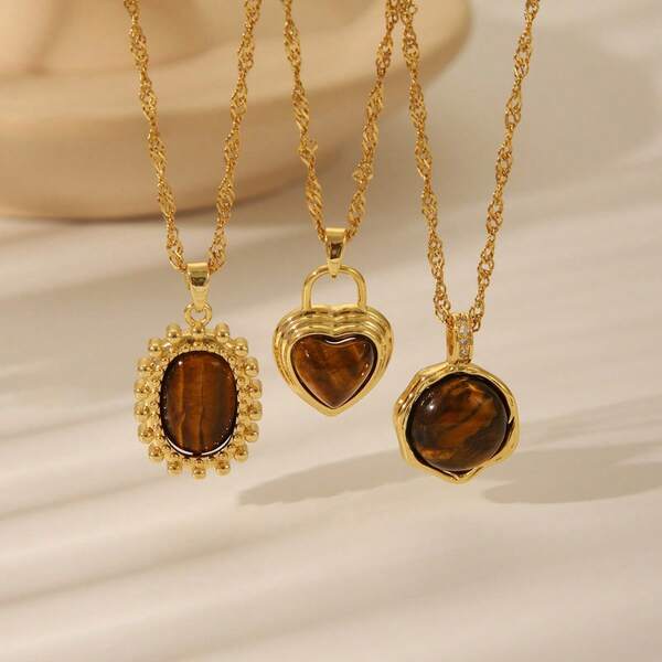 1 pieza Collar colgante de acero inoxidable con gema vintage marrón, collar gargantilla chapado en oro con forma de sol ovalado y corazón con rhinestones, adecuado para uso diario y festividades o como regalo de joyería para mujeres