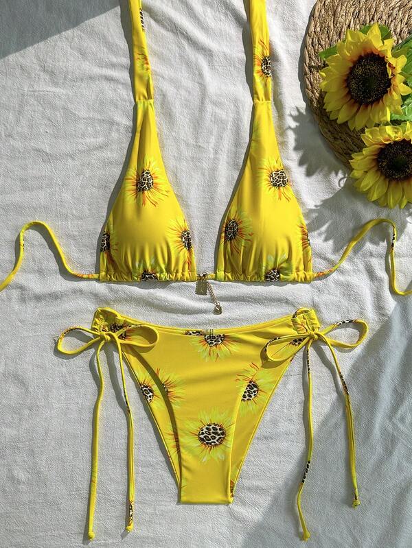 Butter Yellow Sexy Leopard Sunflower Print Light Yellow Bikini Set With Spaghetti Straps, Featuring A Unique Strap Design With Metal Pendants. Perfect For Beach Vacations, Pool Parties, And Summer Outings. Women's Swimwear, Swimsuits, Vacation Essentials, Swimming Must-Haves, And Beach Holiday Attire.